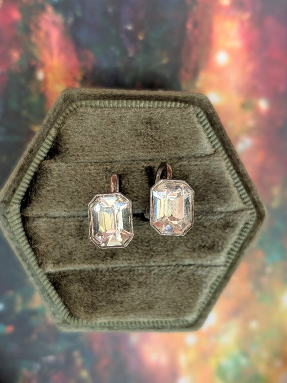 1940's Vintage Square Rhinestone Silver Tone Screw Back Earrings